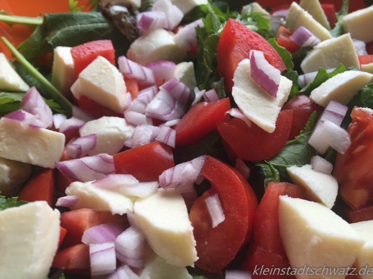 Pflücksalat mit Tomate, Mozzarella und Zwiebeln Pflücksalat mit Tomate, Mozzarella und Zwiebeln